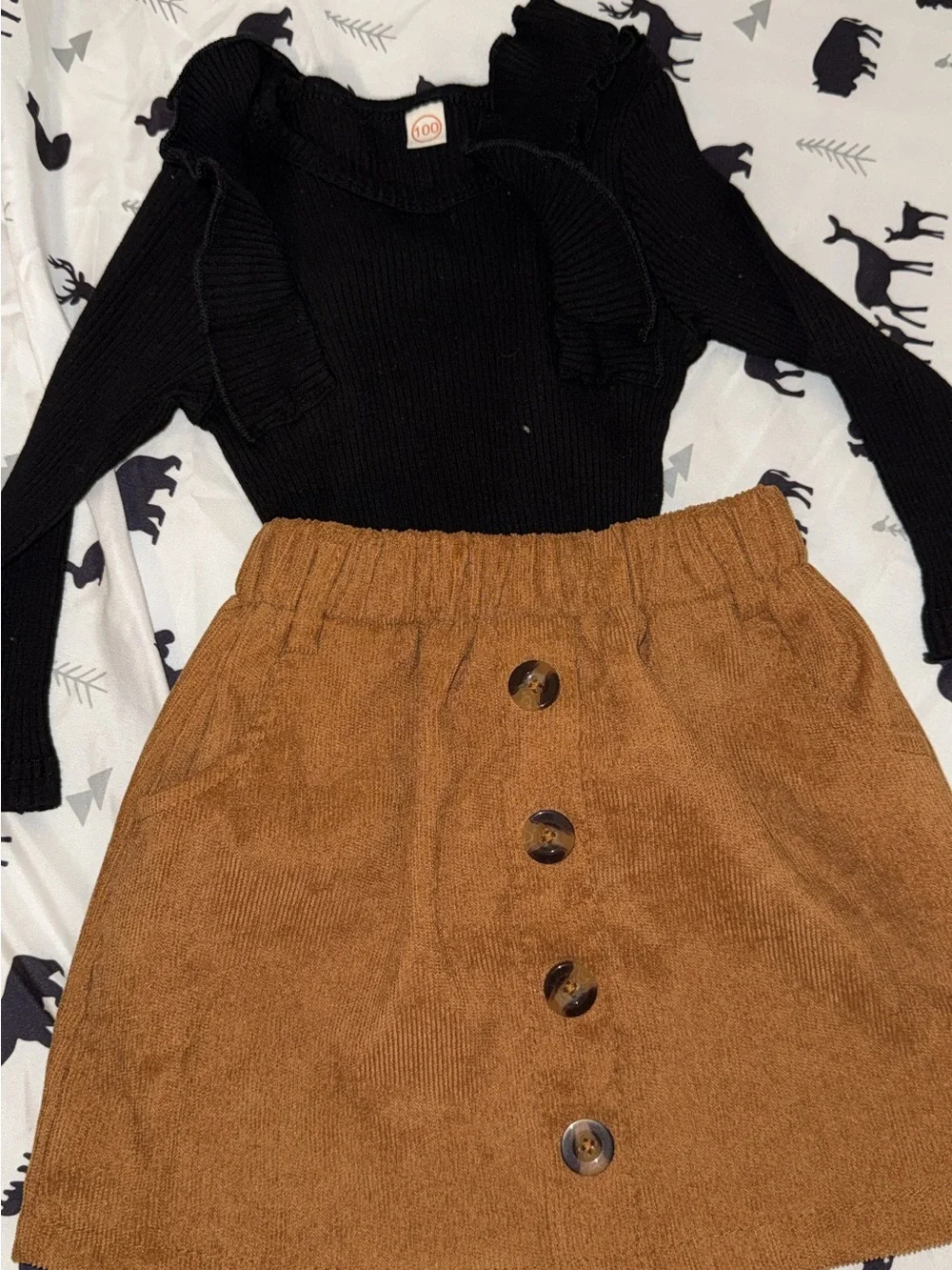 SHEIN Black Ruffle Knit Top with Brown Corduroy Button Skirt Kids Matching Set